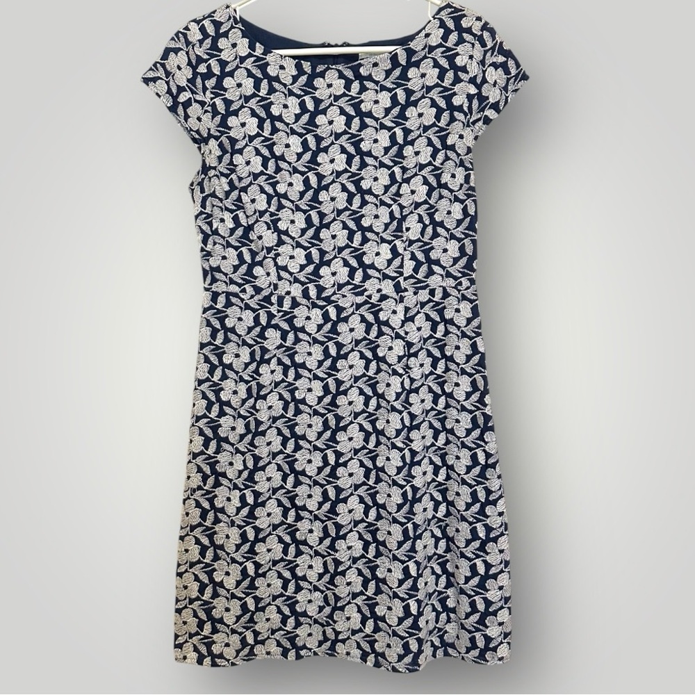 Navy Blue and White Embroidered Floral Mini Dress